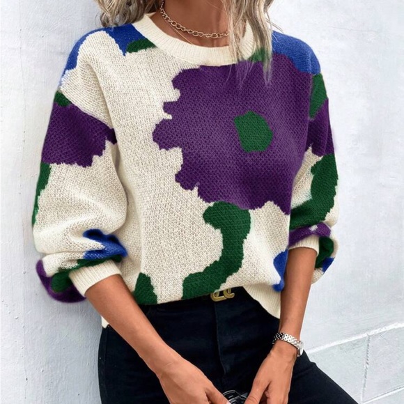 Cozy Floral Print Oversized Sweater Top - Picture 4 of 5